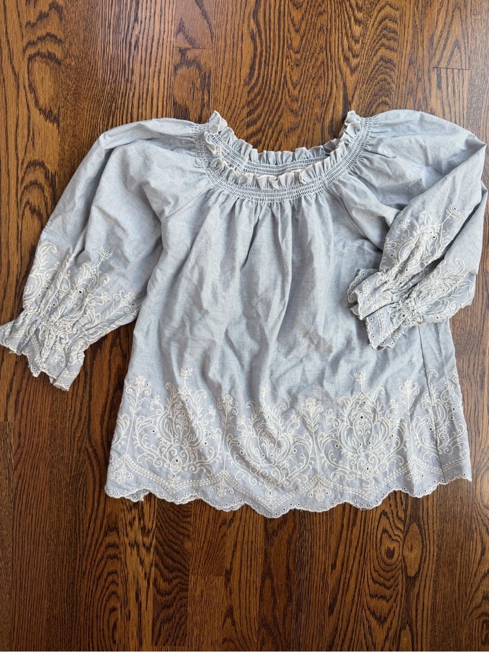 Women’s Light Blue Embroidered Cotton Cottagecore Ruffle Coquette Peasant Blouse